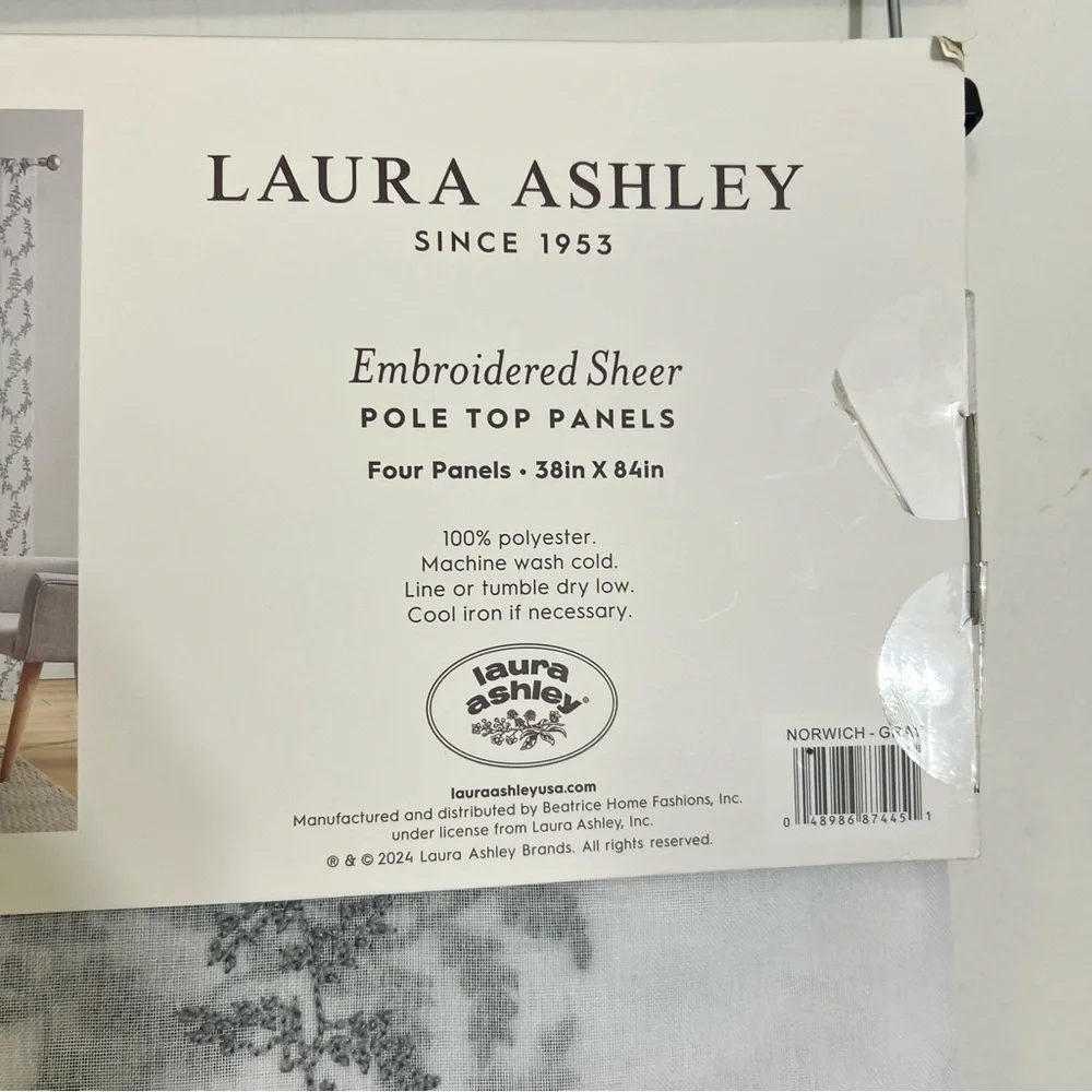 4 Laura Ashley Embroidered Floral Vines Sheer Curtains 38x84” New